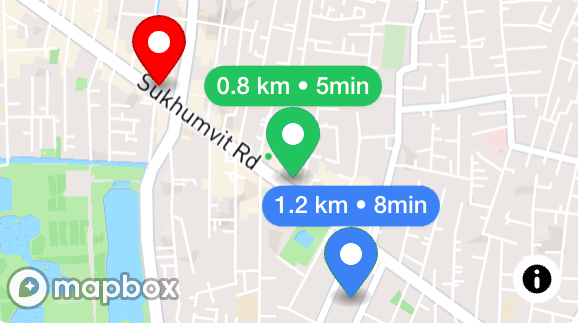 Map showing accommodation, coworking, and gym locations in Bangkok