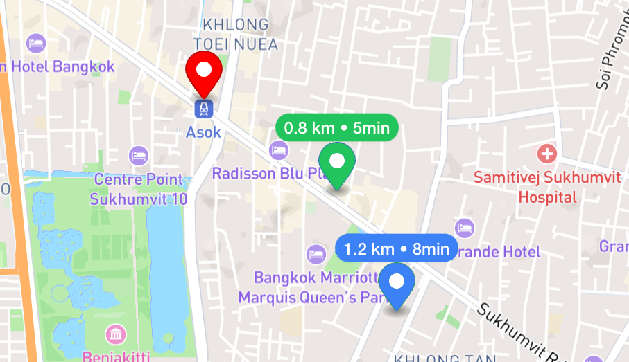 Map showing accommodation, coworking, and gym locations in Bangkok